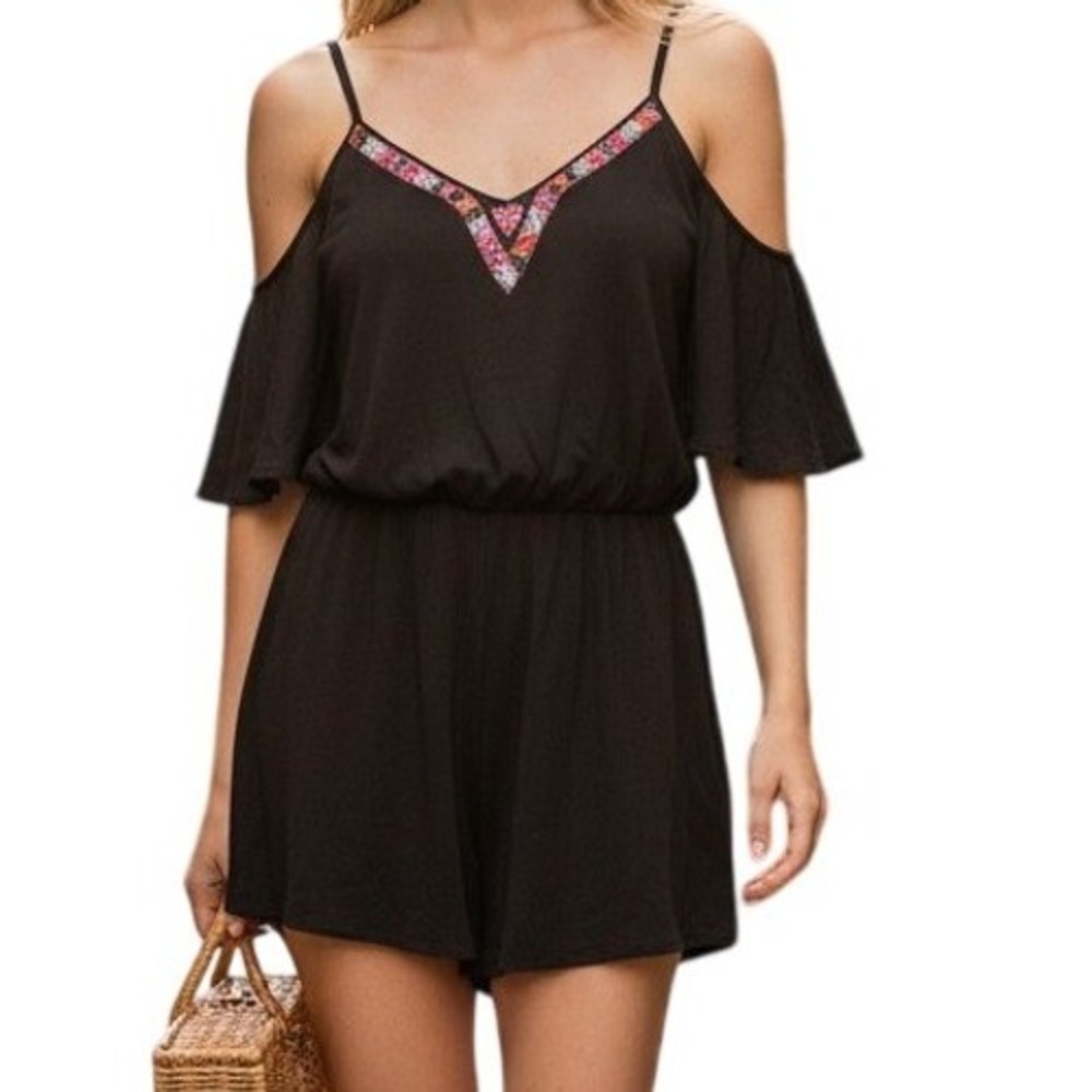 Jolt Black Cold Shoulder Embroidered V Neck Boho Romper Jumpsuit XL‎ Festival